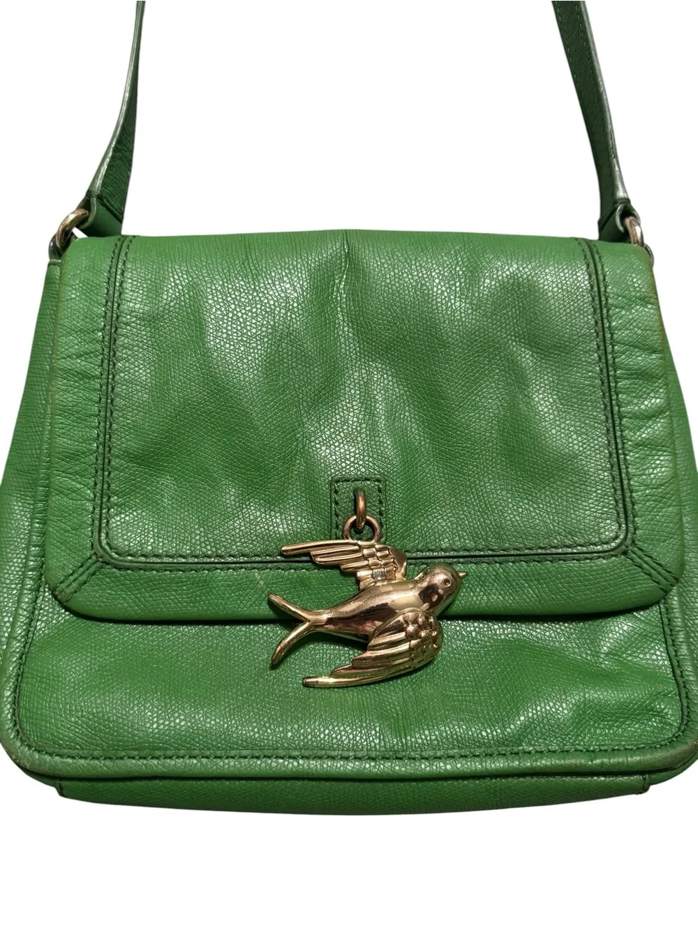 Green Leather Crossbody Bag with Bird Accent